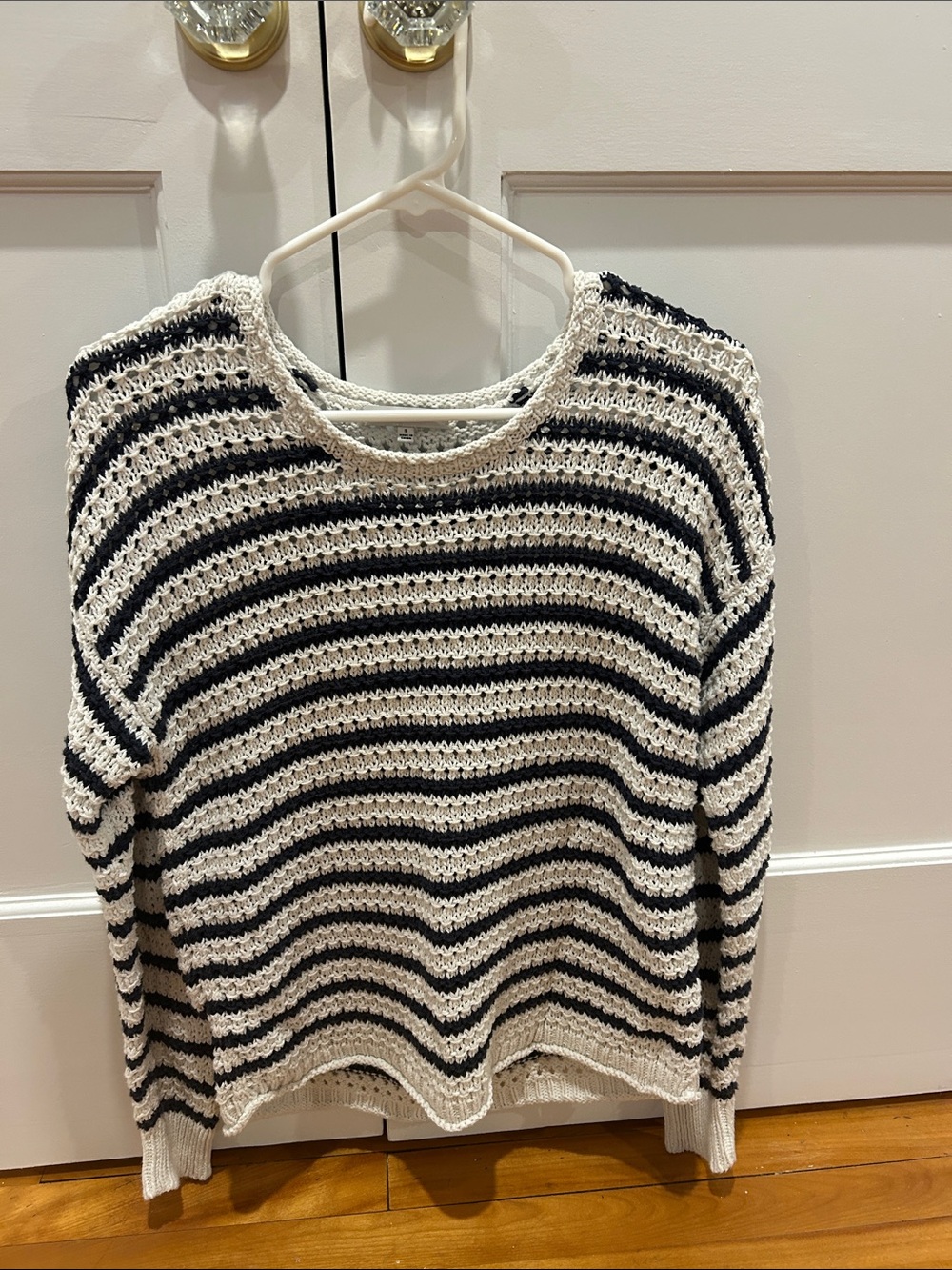 Madewell Black and Cream Striped Open-Knit Crewneck Sweater